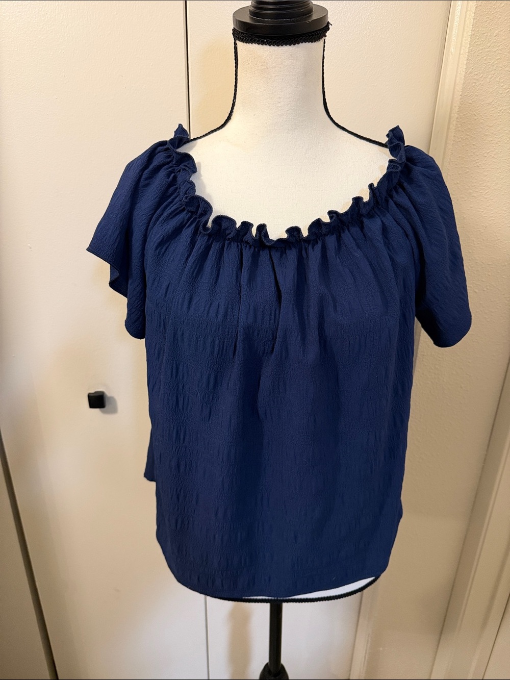 Navy Blue Ruffle-Trim Peasant Blouse